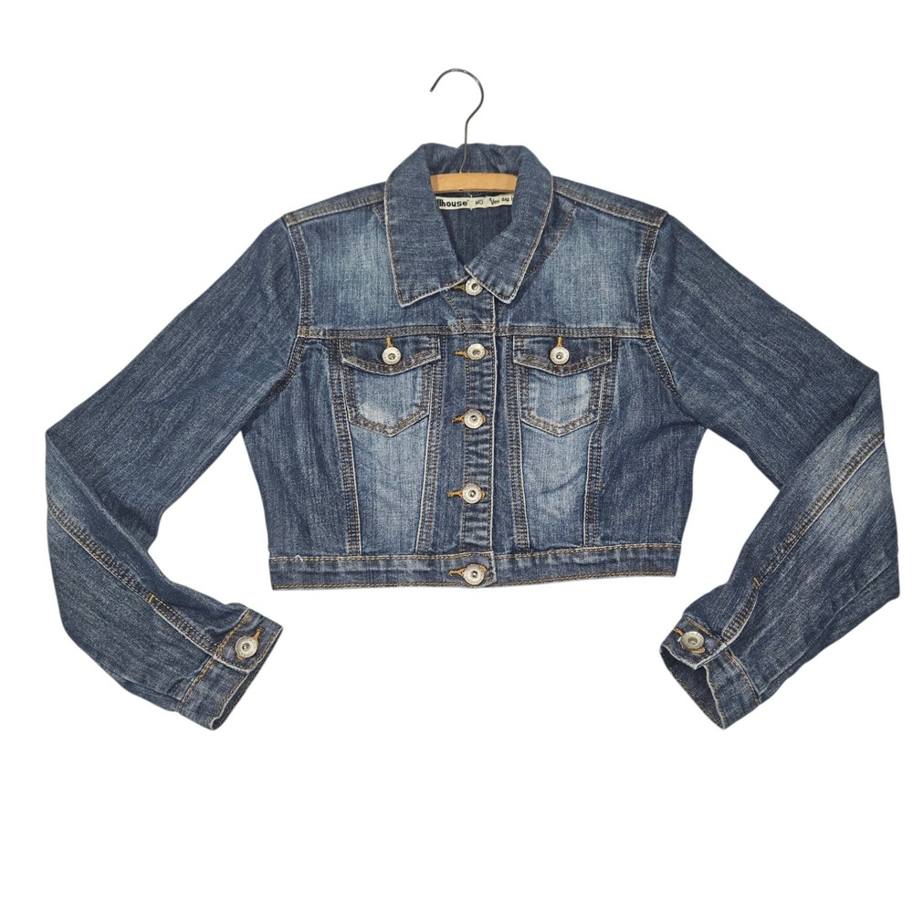Dollhouse Y2K Cropped Denim Trucker Jacket Mid Wash Blue Sz MD